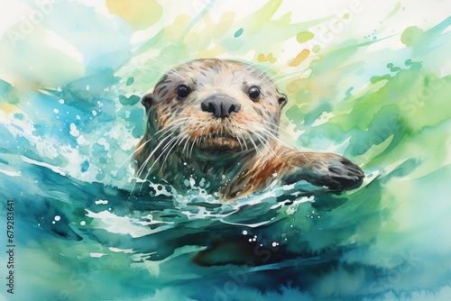 A playful otter floating on its back, with a watercolor background featuring shades of blue and green to create the illusion of water