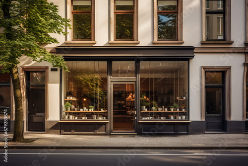 Elegant cafe facade, large windows, wooden accents, city street setting