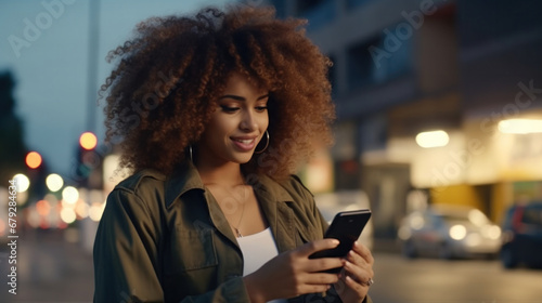 Smiling young woman using smartphone on a city street at twilight, urban lifestyle