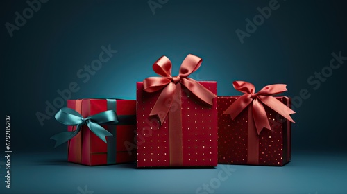  three red gift boxes with bows and ribbons on a blue background The boxes are arranged in a triangular formation, with the largest box in the center and two smalle photo