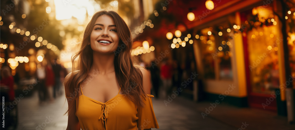 Beautiful woman with a smile walking in an evening street adorned with sparkling fairy lights