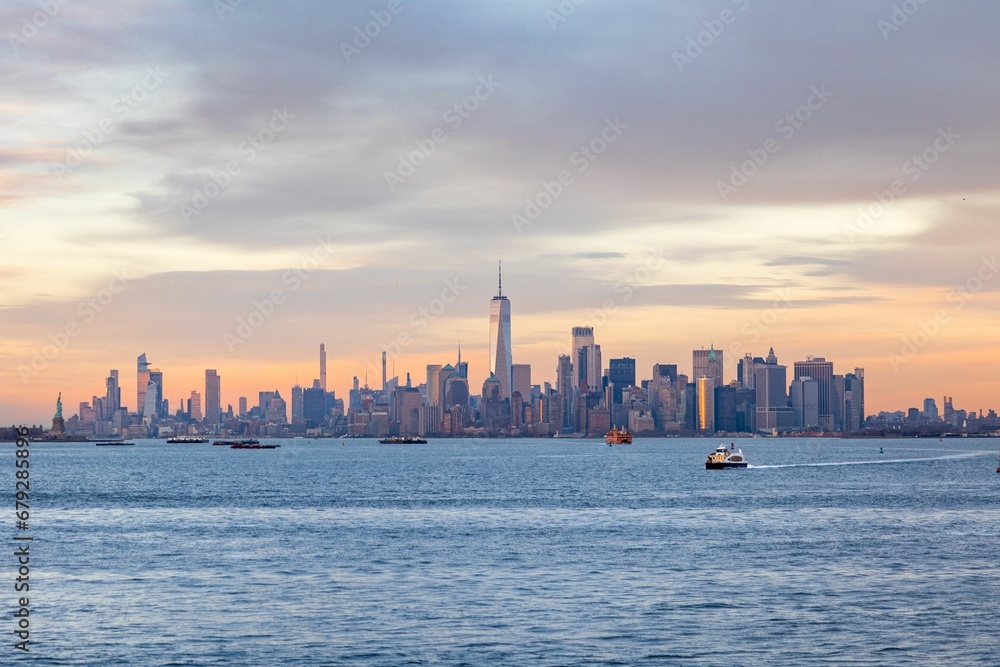 Iconic skyline of Manhattan at sunset