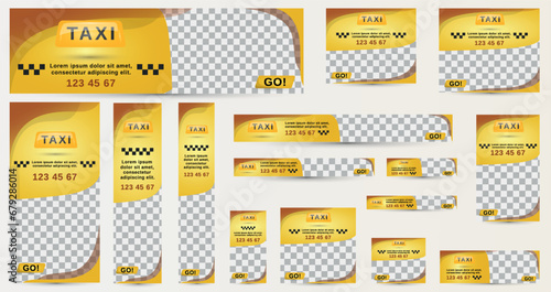 Set of banners in classic yellow style for taxi company. There is a block with a phone number and other contact information, which makes the template ideal for advertising transport services.