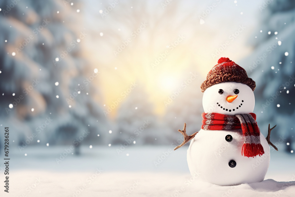 Snowman in a hat and scarf in the snow. Generative Ai Snowman in a hat and scarf in the snow. Generative Ai