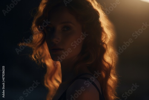 A lone woman with ginger hair stands in a setting where light gently illuminates her hair, creating a captivating and serene portrait.