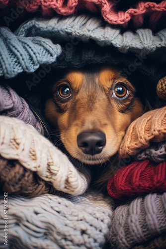 A dog in a pile of sweaters. Generative AI © Tetiana