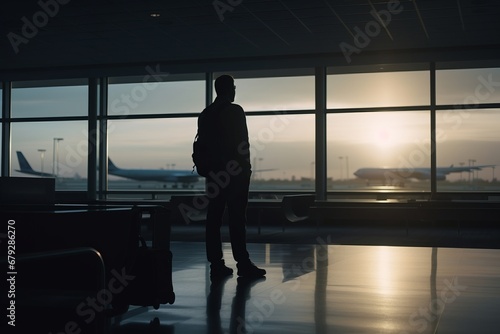 A lone businessman stands in an airport, gazing intently at the airplanes outside, symbolizing the intersection of business and travel.