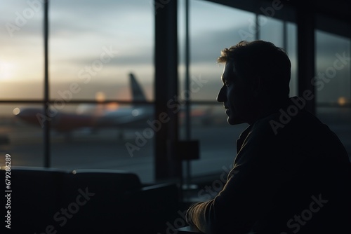 A lone man sits in an airport terminal, patiently waiting for his flight, surrounded by the buzz of travel yet immersed in his own solitude.