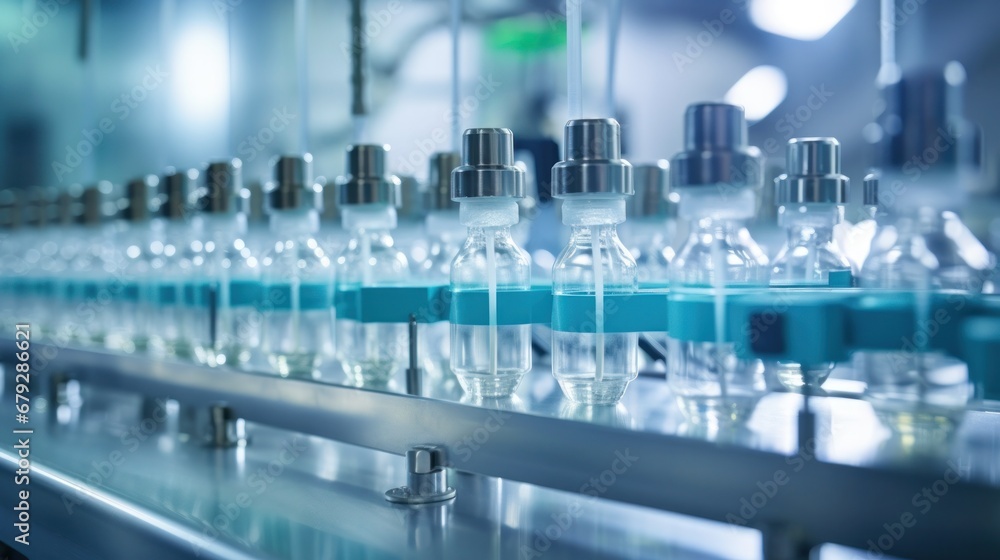 Medical vials on production line at pharmaceutical factory, Pharmaceutical machine working pharmaceutical glass bottles production line, health care, pandemic Medical vials on production line at pharmaceutical factory, Pharmaceutical machine working pharmaceutical glass bottles production line, health care, pandemic