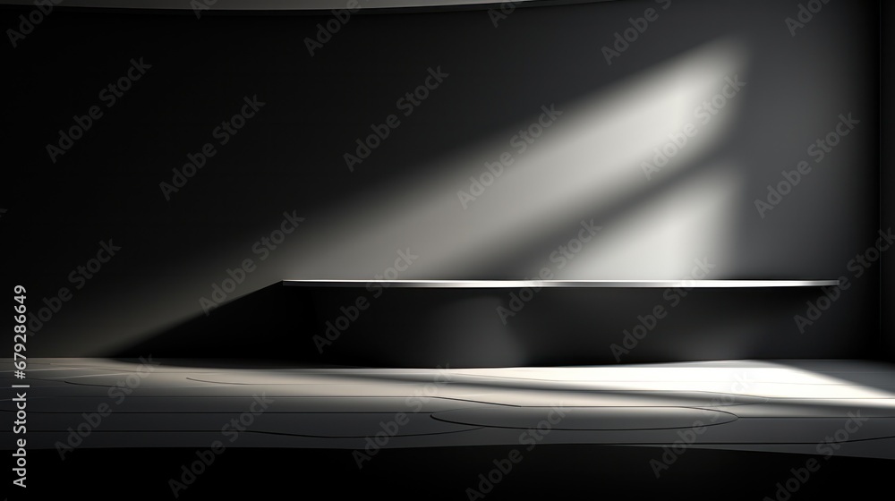 Obraz premium abstract. minimalistic background for product presentation. walls in large empty room black white. can full of sunlight. Loft wall or minimalist wall. Shadow, light from windows to plaster wall.