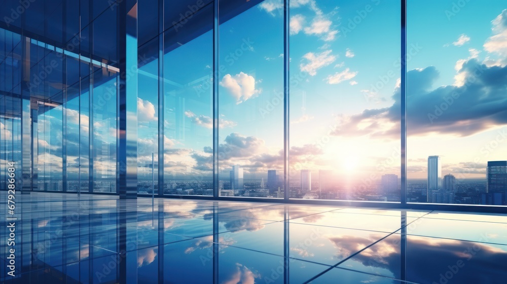 Modern office building or business center. High-rise window buildings made of glass reflect the clouds and the sunset. empty street outside wall modernity civilization. growing up business Modern office building or business center. High-rise window buildings made of glass reflect the clouds and the sunset. empty street outside wall modernity civilization. growing up business