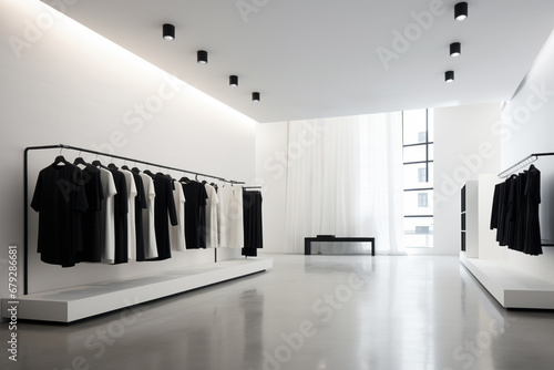 Bright clothing store interior with black and white clothes on racks and a large window. photo