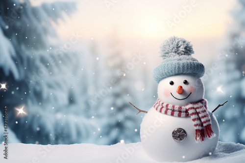 Snowman in a hat and scarf in the snow. Generative Ai