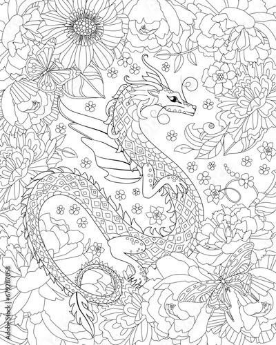 coloring book page for adults and children. Fantasy dragon with