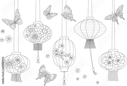 coloring book page for adults and children. hanging decorated wi