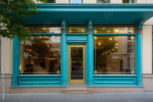 Cozy pastry shop storefront entrance window with turquoise and gold details.