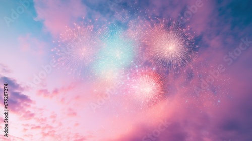 A delicate array of pastel-colored fireworks blooms in a serene  soft-hued evening sky