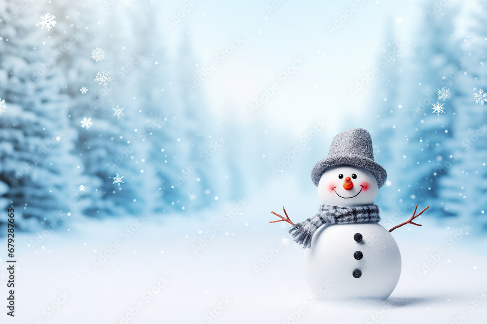 Obraz premium Snowman in a hat and scarf in the snow. Generative Ai