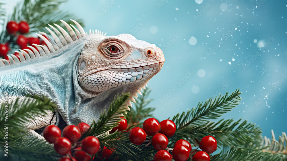 Enchanted iguana basks amidst snowflakes, framed by festive red berries and winter greens.