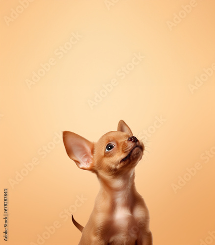 Expressive puppy with large ears and sparkling eyes on a light backdrop.