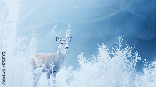 Delicate deer in a winter wonderland, glancing with innocence against a backdrop of icy trees.