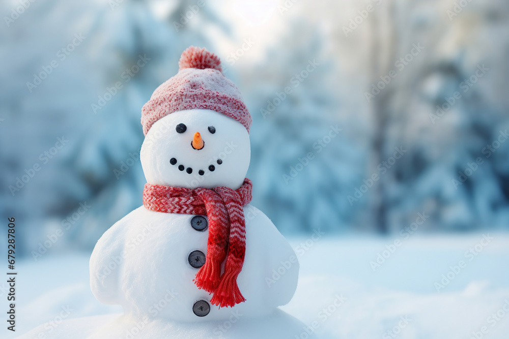 Snowman in a hat and scarf in the snow. Generative Ai