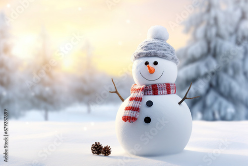 Snowman in a hat and scarf in the snow. Generative Ai © Shades3d