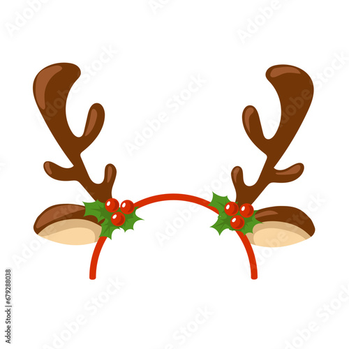 Christmas hair band with elk horns, ears and holly berries. Funny headdress for a party, festival, carnival, holiday. Cartoon style. Attribute of costume. Vector isolated.