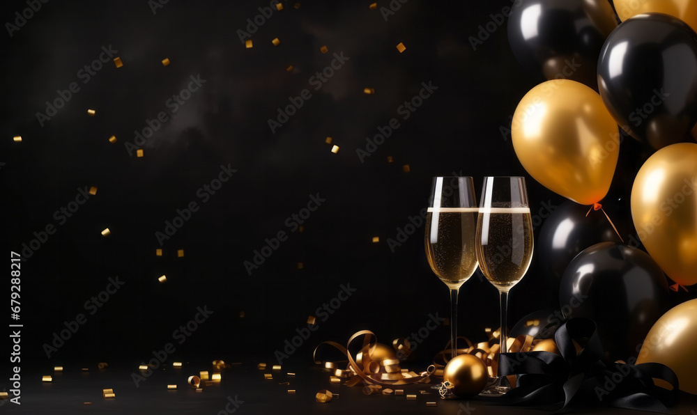 Happy new year background with balloons and glasses of champagne Stock ...
