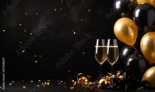 Happy new year background with balloons and glasses of champagne