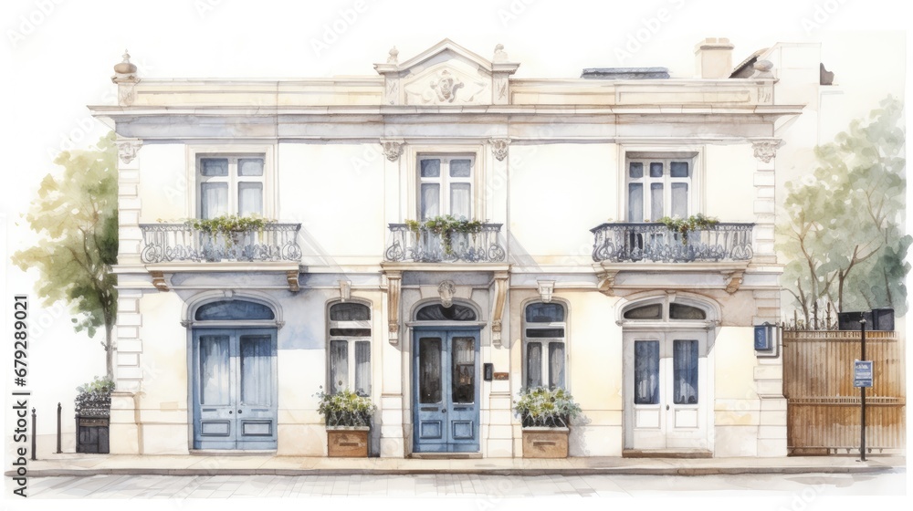 Charming Traditional European Building Facade Watercolor Illustration