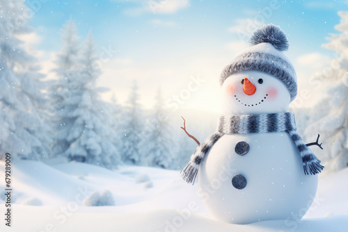 Snowman in a hat and scarf in the snow. Generative Ai © Shades3d