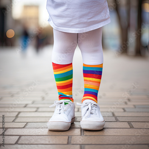 Child wearing different pair of socks and white sneakers outdoors. Kid foots in mismatched socks. Odd Socks day  Anti-Bullying Week  Down syndrome awareness concept