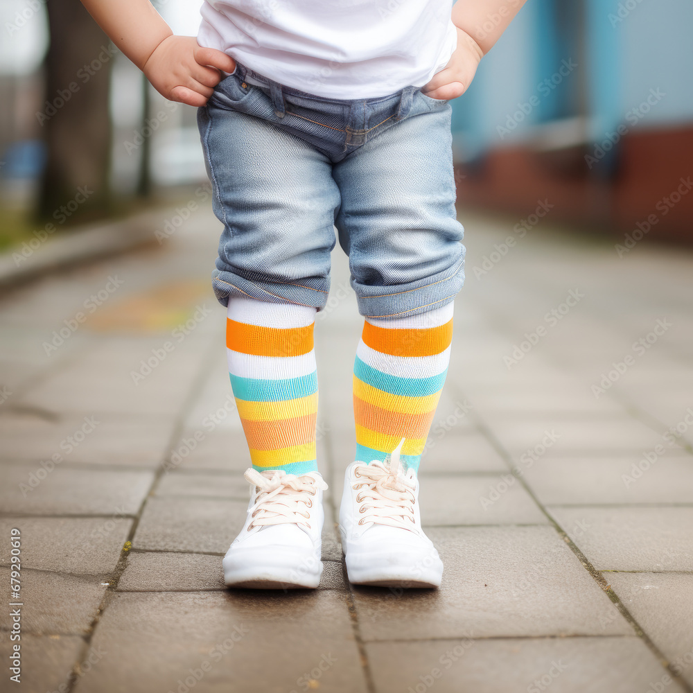 Child wearing different pair of socks and white sneakers outdoors. Kid foots in mismatched socks. Odd Socks day, Anti-Bullying Week, Down syndrome awareness concept