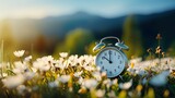 Concept, daylight saving time. Sommer time, winter time, changeover, switch of time. Sommer or winter time. Clock as a timer for celebrations. Spring flowers, grass, blue sky, green trees.