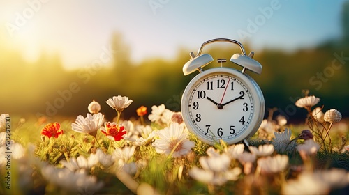 Concept, daylight saving time. Sommer time, winter time, changeover, switch of time. Sommer or winter time. Clock as a timer for celebrations. Spring flowers, grass, blue sky, green trees. photo