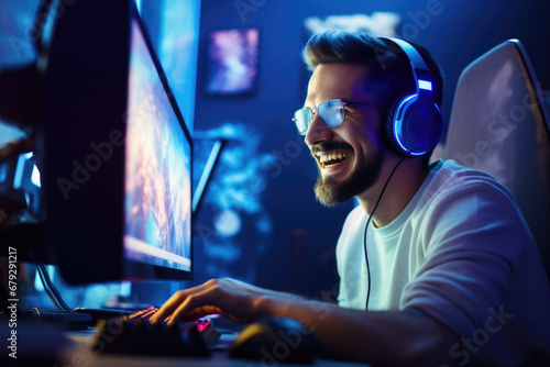 Happy professional male gamer playing video games on personal computer wearing gaming headset photo