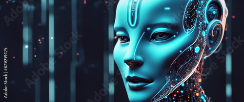 Futuristic rendering of a human face AI banner,, Generative AI