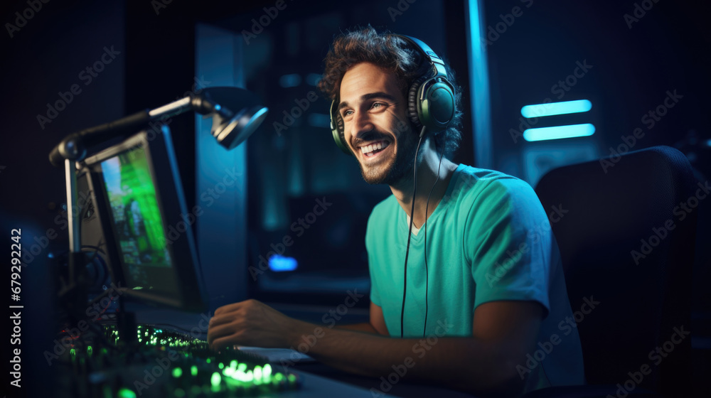 Happy professional male gamer playing video games on personal computer wearing gaming headset Happy professional male gamer playing video games on personal computer wearing gaming headset