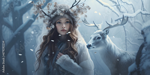 Beautiful girl with deer in snowy forest. Snow, snowfall. Wide winter fairy background. AI illustration