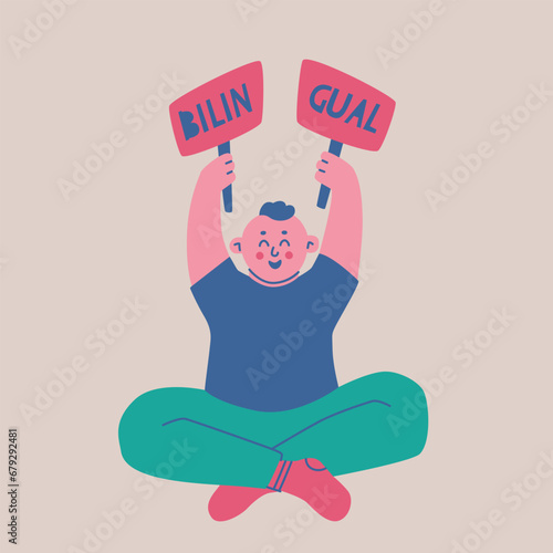 Happy cute boy holding signs above his head. Bilingual or multilingual child. Vector isolated illustration.