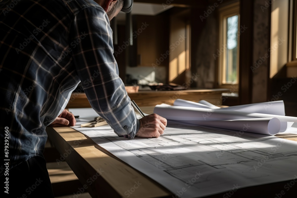 Focused Architect Reviewing Blueprints in Sunlit Room