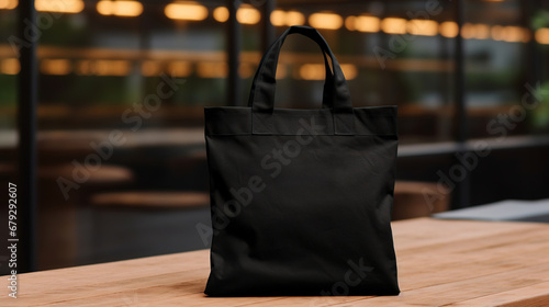 Generative AI, Realistic black tote canvas fabric bag set-up in at cafe, coffee shop interior, mock up blank. 