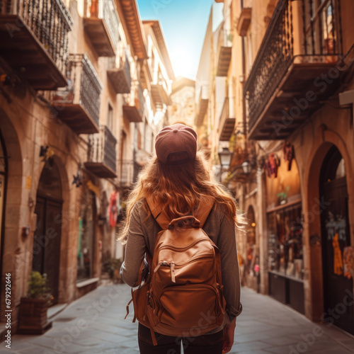 Traveler girl in street of old town in Spain. Young backpacker tourist in solo travel. Vacation, holiday, trip