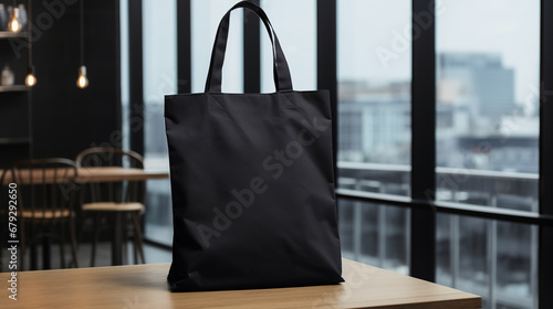 Generative AI, Realistic black tote canvas fabric bag set-up in at cafe, coffee shop interior, mock up blank.	 photo