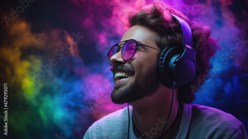 Professional male gamer wearing gaming headset screaming happily