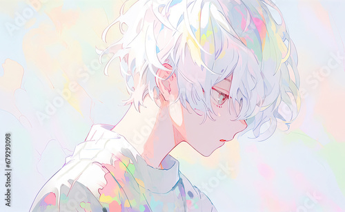 Anime Man With Silver Hair On Pastel Background
