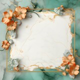 Luxury gold green orange square marble background with golden frame and orange flowers