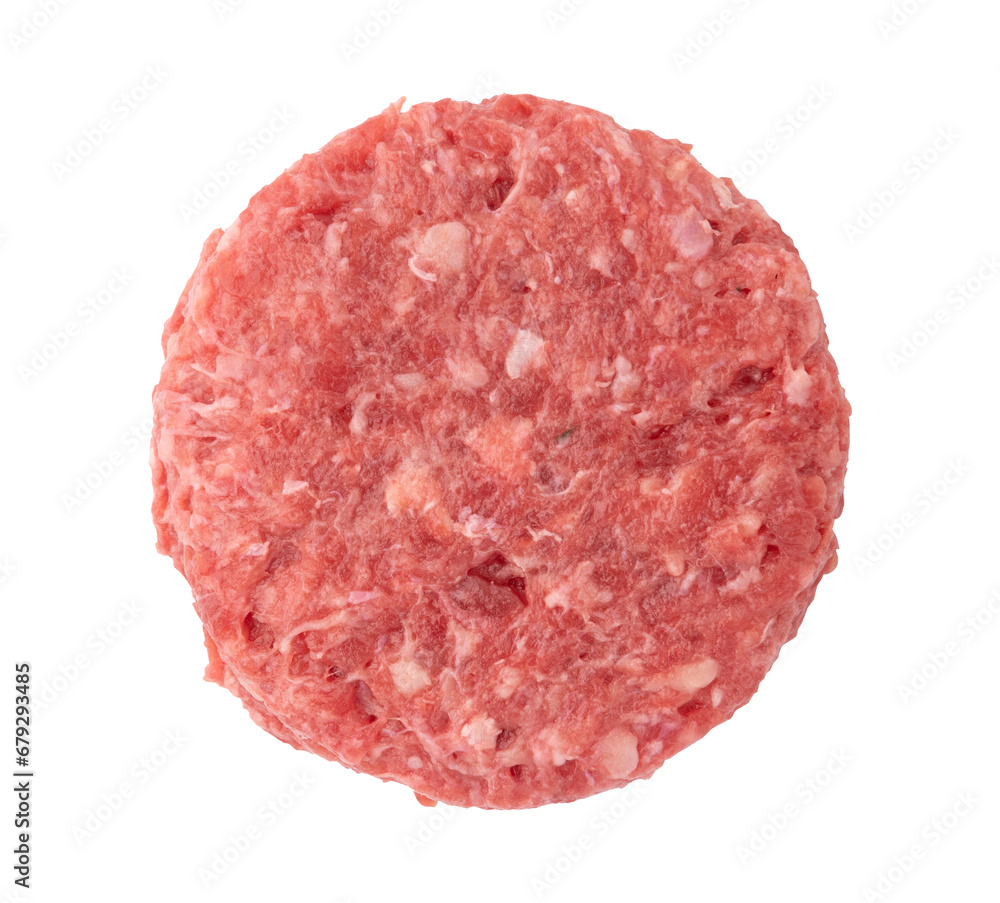 raw red meat burger for hamburger of minced ground beef or pork ready for cooking isolated on white background with clipping path, top view raw red meat burger for hamburger of minced ground beef or pork ready for cooking isolated on white background with clipping path, top view
