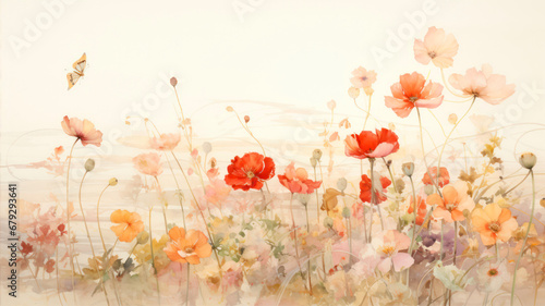 poppy flowers in watercolor painting style on paper texture for background